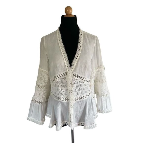 Alexis White Top Lace Details Ruffle Sleeve And Front Opening Size S MSRP $350 - Picture 3 of 9
